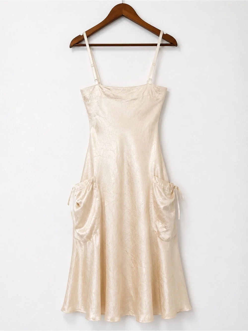 Romantic Coquette Fairycore Satin Midi Dress Champagne Gold Pockets US 8 - Picture 3 of 8